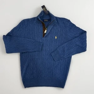 NWT Polo Ralph Lauren Blue Sweater Size L Cable Knit Tussan Silk Quarter Zip - Picture 1 of 10