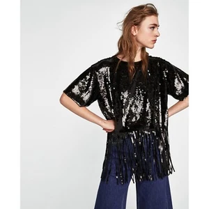 Zara Knit Size S Black Round Neck Short Sleeve Sequin Fringe Hem Top NWT - Picture 1 of 18