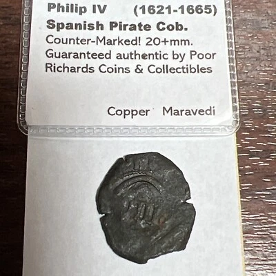 Spanish Colonial “Pirate Cob”. Philip IV (1621-65) Counter-marked! 25mm.  M255 - Image 1 of 4