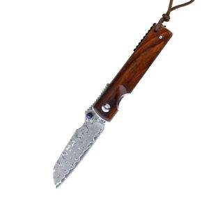 Sheepsfoot Folding Knife Pocket Hunting Survival Wild Damascus Steel Wood Handle