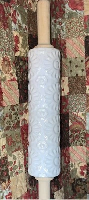 Ceramic Textured Floral Pattern Embossed Baking Rolling Pin Wooden Handles - Image 1 of 4