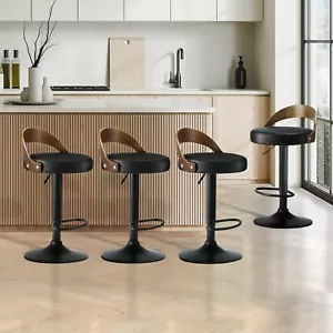 Oikiture Set of 4 Kitchen Bar Stools Gas Lift Swivel Chairs Stool Wooden Leather - Picture 1 of 10