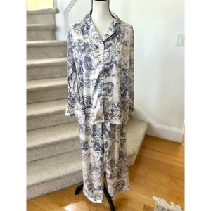 Weiß & blau Toile Dschungel Print Satin Langarm Pyjama Hose Set - Bild 1 von 12