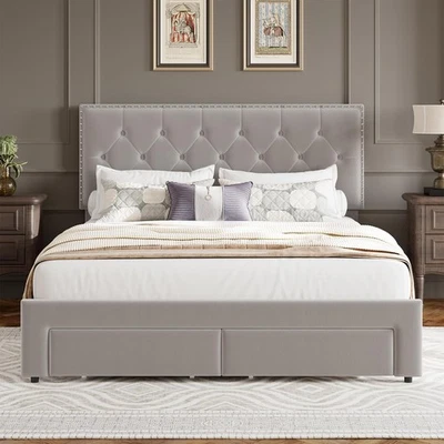 King Size Bed Frame Headboard, Modern Velvet Upholstered Platform Bed w/2 Drawer - Image 1 of 4