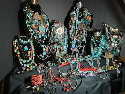 Turquoise and Turquoise color jewelry, Costume, lots of necklaces, look  close - Image 1 of 4