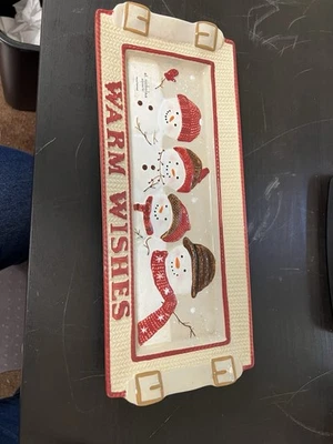 St Nicholas Square 14"×6" Ceramic "Warm Wishes" Snowmen Holiday Serving Tray - Image 1 of 3