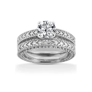Juego de novia a juego estilo vintage de diamantes naturales redondos de 0,42 quilates D-SI1 18 k - Imagen 1 de 3