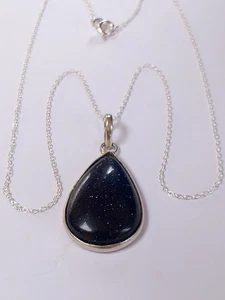 Vintage Sterling Silver Blue Goldstone Pendant Necklace..18"silver New Chain - Picture 1 of 22