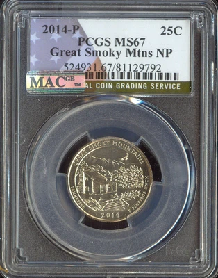 2014 P GREAT SMOKY MOUNTAINS FLAG  QUARTER PCGS MS67 2ND FINEST MAC SPOTLESS  . - Image 1 of 2