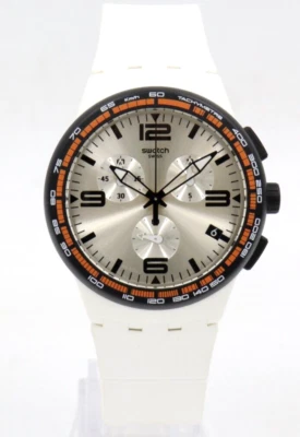 New Swiss Swatch Originals White Blades Chrono Silicone Date Watch 42mm SUSW405 - Image 1 of 4