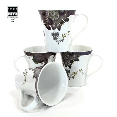 222 Fifth ELIZA - PLUM 10oz Mug Set 4Pc Purple Floral Paisley Porcelain Mint - Image 1 of 4
