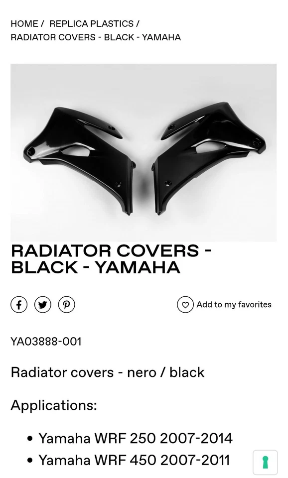 Черные кожухи радиатора UFO для Yamaha WR250F 2007–2014 и WR450F 2007–2011 - Изображение 1 из 4