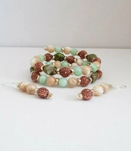 Handmade Beaded Healing Bracelet and Earring Set Heart Jasper Quartz Pearl - Picture 1 of 4
