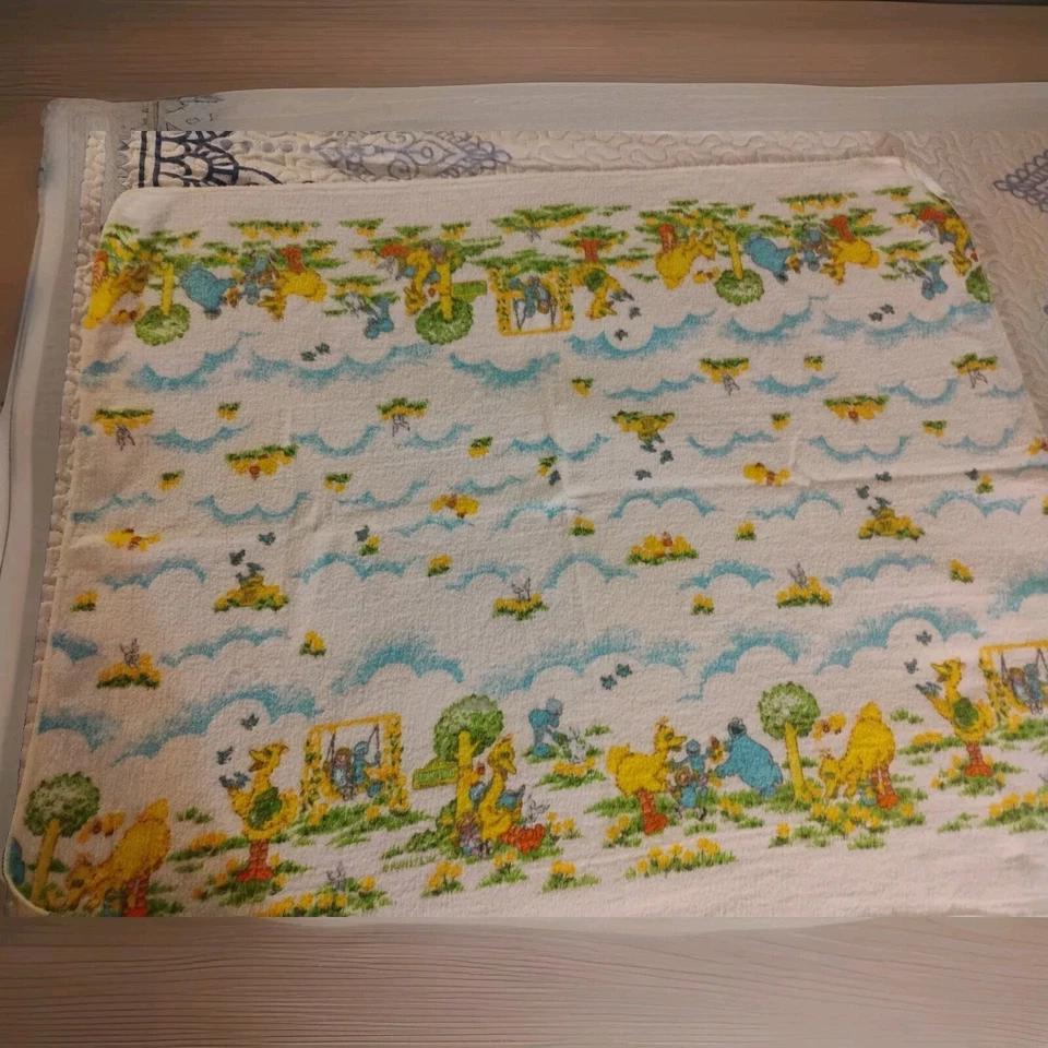 Vintage Sesame Street Receiving Blanket Cookie Monster Big Bird Yellow Blue 28" - Image 1 of 4