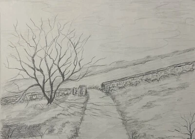 De colección Original Dorothy Davis Lápiz Paisaje Country Road Boceto (D. Davis) Foto 1 de 4