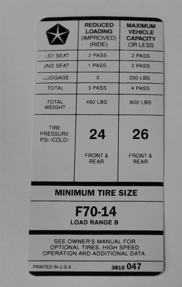 NEW 1973-75 Plymouth Duster Dodge Dart Sport Tire Pressure Decal - Image 1 of 1