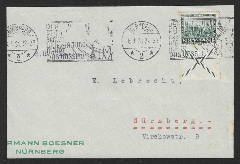 GERMANY - 1930 - GERMAN CHARITY 8PF+X - USED ON FRONT OF LETTER PIECE - CV £150+ - Image 1 of 1