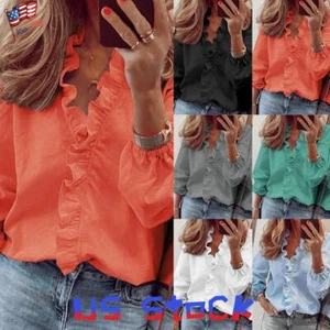 Women Ruffles V Neck Plain T-shirt Ladies Long Sleeve Casual Blouse Tunic Top US - Picture 1 of 31