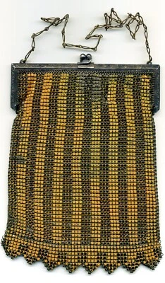 Cartera vintage Art Deco esmaltada de malla metálica pintada con cierre de beso aleta de noche Foto 1 de 2