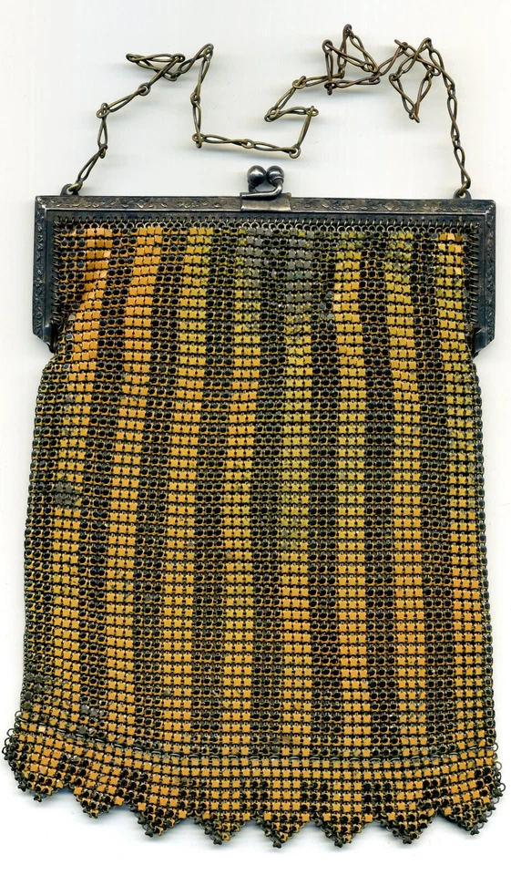 Bolsa de noite vintage Art Deco esmalte pintado metal malha beijo trava flapper - Imagem 1 de 2