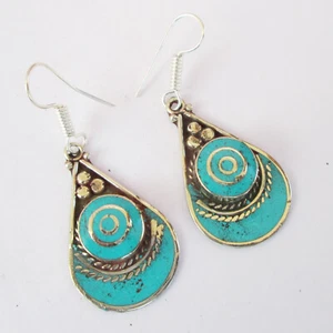 Traditional Ethnic Statement Earrings Nepali Genuine Turquoise Earrings R12 - Picture 1 of 7