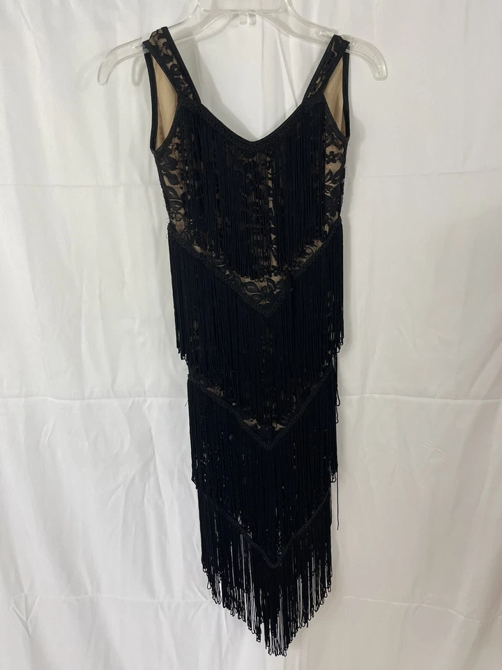 Talisman Lace Black Flapper Fringe Latin Dance Costume Size 38 - Image 1 of 4
