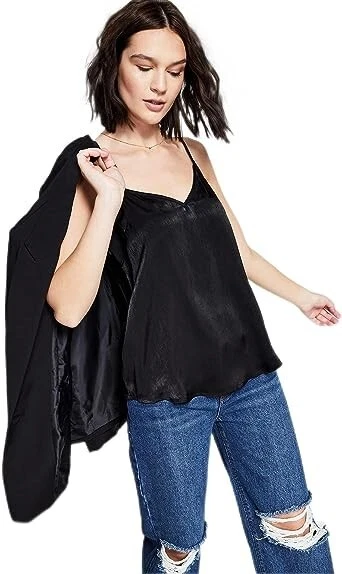And Now This Women's Black Satin Camisole V-Neck Spaghetti Strap Tops Size XS