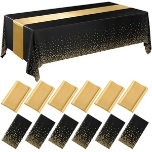 12 Pcs Black and Gold Disposable Plastic Tablecloths and Satin Table Runner S... - Picture 1 of 7