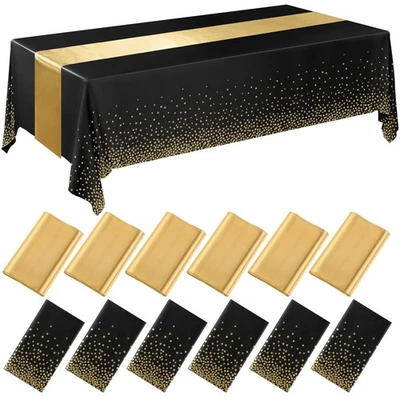 12 Pcs Black and Gold Disposable Plastic Tablecloths and Satin Table Runner S... - Image 1 of 4