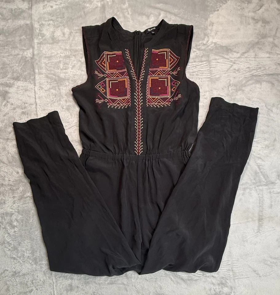Madewell Jumpsuit Womens 2 Black Silk Embroidered Boho Sleeveless Pockets F5183 - Image 1 of 4