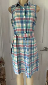 Lands End Sleeveless Plaid Cotton Dress W/ Belt 8 Summer Preppy Nantucket Picnic - Picture 1 of 11