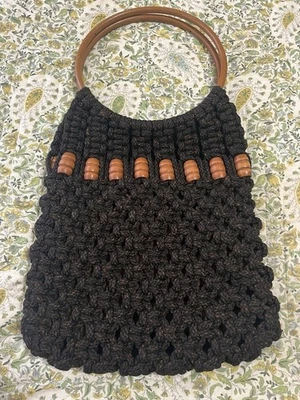 Vtg Boho Macrame Crochet Beaded Wooden Ring Handle Handbag Purse Brown 70s - Image 1 of 4