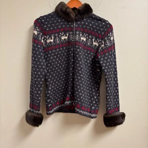 VTG Lauren Ralph Lauren Women Wool Faux Fur Sweater Jacket Size P Old Money Deer - Picture 1 of 12