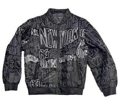RARE VINTAGE BUBBLE WELL NY LEATHER EMBOSSED HIP HOP BOMBER JACKET QUEENS BRONX - Image 1 of 4