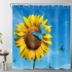 Blue Butterfly Yellow Sunflower Floral Shower Curtain Set for Bathroom Decor& - Picture 1 of 26