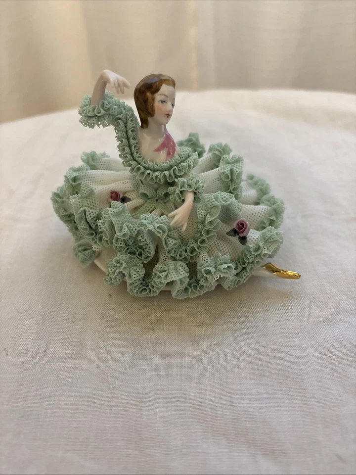 Dresden Lace Sitting Ballerina in Green Dress w/pink Roses - See Pics & Descript - Image 1 of 4