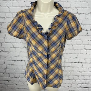 Blusa blusa blu odille arancione a quadri cotone con volant manica a sbuffo made in USA taglia 8 - Foto 1 di 15
