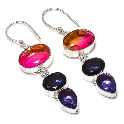 Orecchini gioiello in argento sterling 925 con tormalina bicolore, pietra... - Immagine 1 di 4