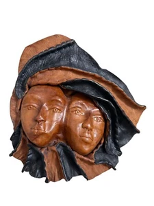 10X10 Hand Carved Vintage LEATHER Mask Antique Wal Decor Hanging Wood Tribal Art - Picture 1 of 8