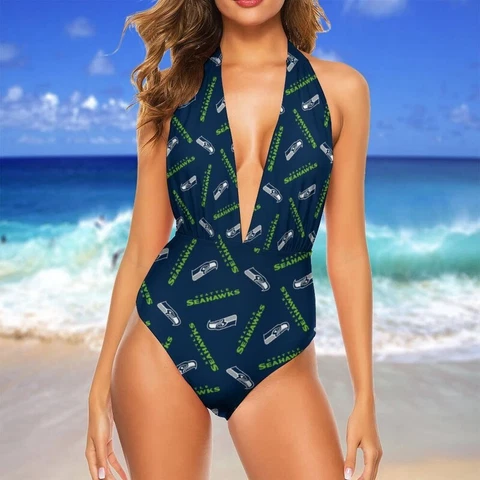Seattle Seahawks Women's Swimwear Deep V Neck Swimsuit Backless Swimsuit Cover