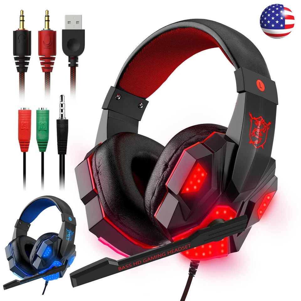 3.5mm Gaming Headphones Mic LED Headset Stereo Bass Surround For PC Xbox One PS4 - Image 1 of 4