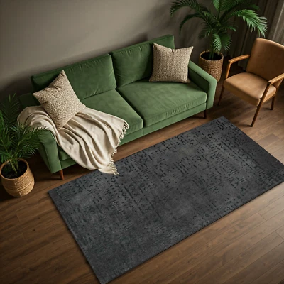 Scandinavian Patterned Anthracite Gray Chenille Rug, Cotton Based Area Rug - Image 1 of 4