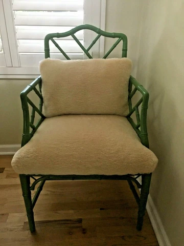GREEN Chinese Chippendale Faux Bamboo Arm Chair 1960s SHEEPSKIN SEAT Pillow Cover