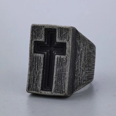 Vintage Wide Cross Mens Ring Stainless Steel Signet Ring Hip Hop Punk Biker Ring - Image 1 of 4