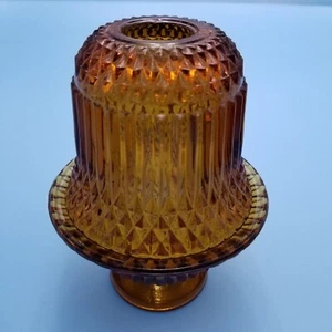 VINTAGE INDIANA Glass Amber footed fall Fairy Lamp Diamond Point 6.5" - Picture 1 of 10