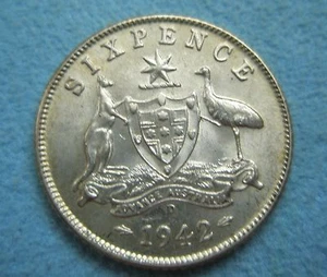 AUSTRALIA Sixpence 6 pence 1942 D brillante UNC argento Gran Bretagna - Foto 1 di 4