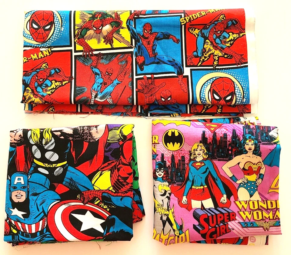 F25 Camelot Fabric Remnants Marvel Super Heroes DC Comics Spiderman Wonder Woman - Image 1 of 4