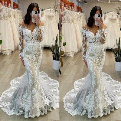 Sexy Wedding Dresses Mermaid Off Shoulder Long Sleeves Lace Applique Bridal Gown - Image 1 of 4