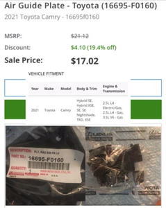 TOYOTA CAMRY AIR GUIDE 2021 RADIATOR PLATE FRONT LEFT GENUINE OEM 16695-F0160 - Bild 1 von 13