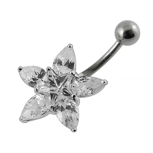 Sterling Silver Clear Jewelled Flower Belly Button Bar - Image 1 of 1